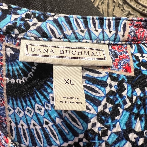 DANA BUCHMAN Dress Print Shift Black Red V-Neck Button Stretch XL - Picture 3 of 11